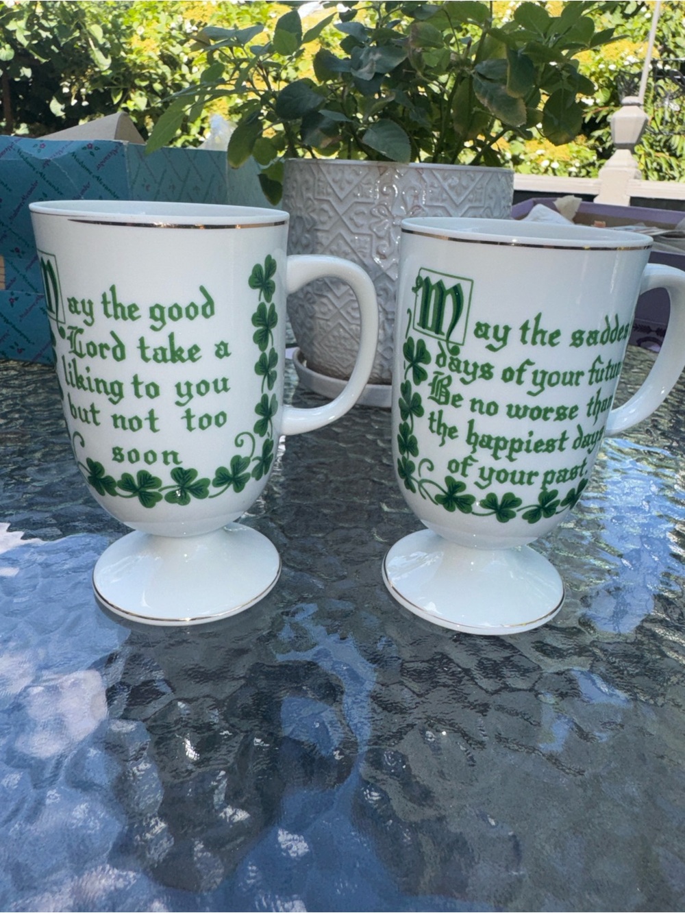 Pair of White Pedestal Mugs with Green Irish Blessing and Gold Trim